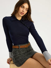 Asymmetric Button Striped Cuff Polo Top